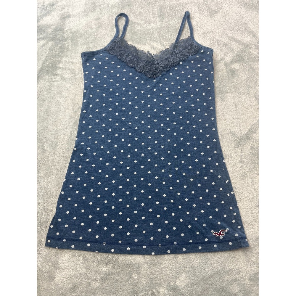 Vintage Hollister Navy Blue Polka Dot Lace Trim Cami Tank Top Small Y2K